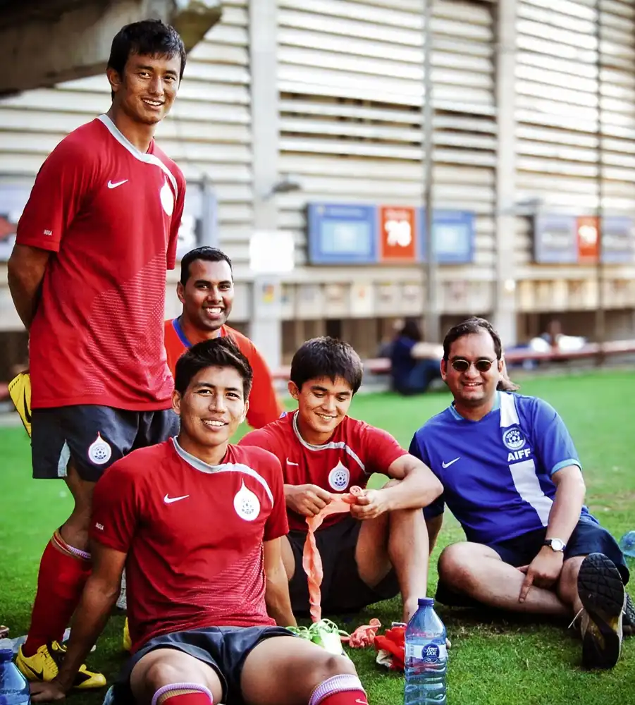 Chris Punnakkattu Daniel with Bhaichung Bhutia, Sunil Chhetri, Renedy Singh and Arunava Chaudhuri at the Indian national team camp in Barcelona